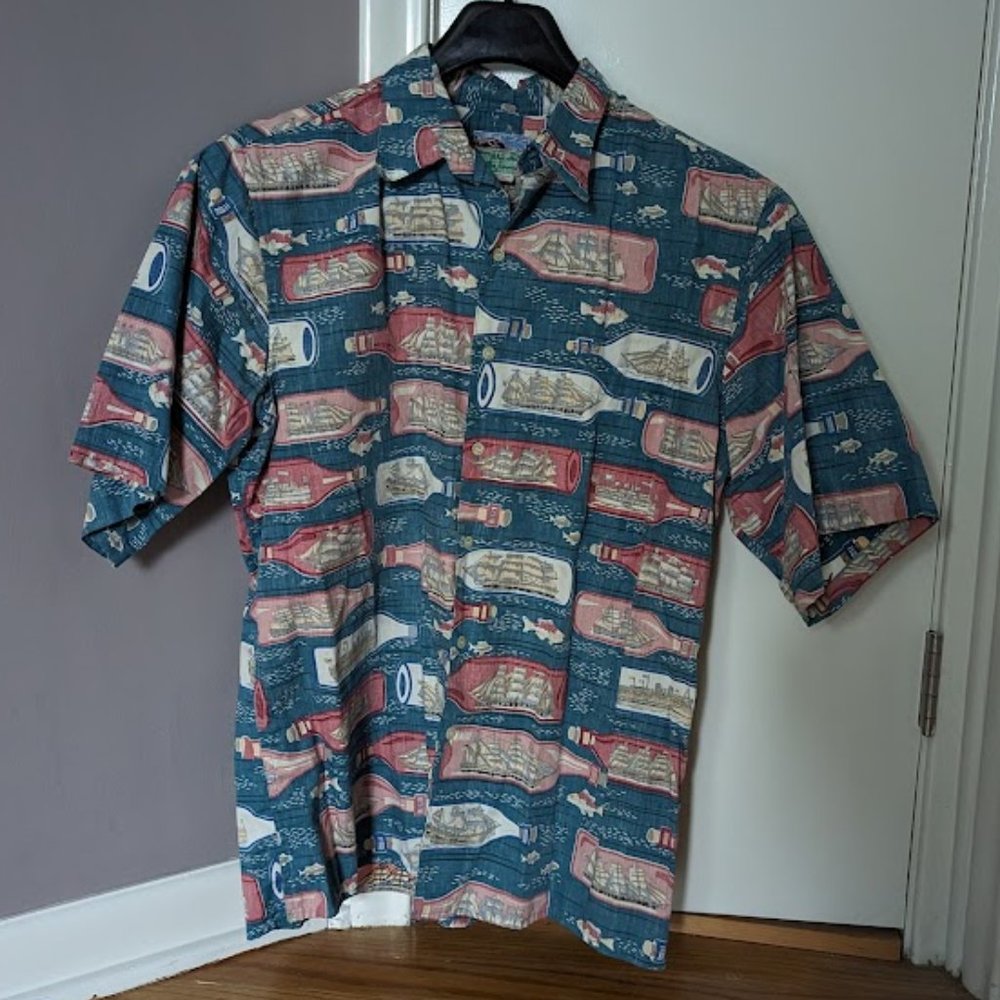 Vintage Reyn Spooner Boat in a Bottle Hawaiian Shirt L
